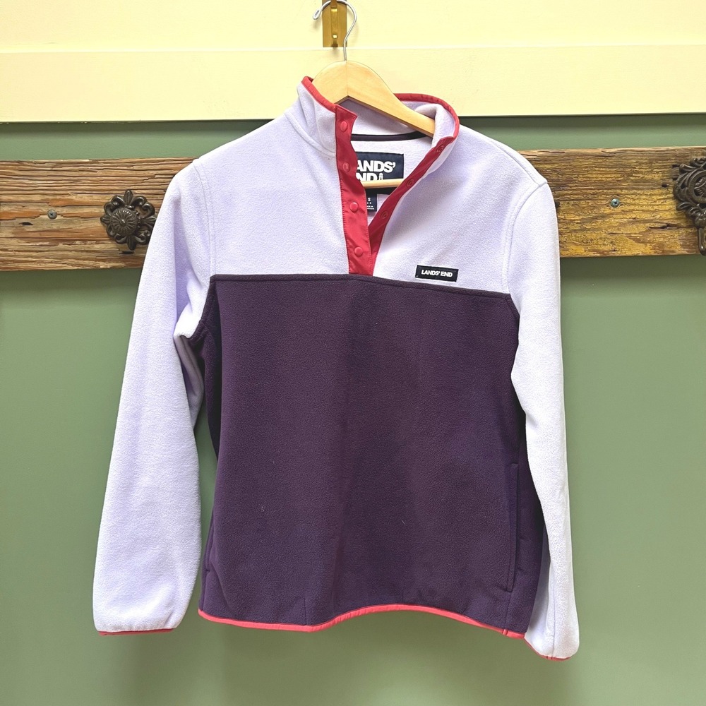 Lands End Womens S 6-8 Colorblock Fleece Snap Mock Neck Pullover Purple Red